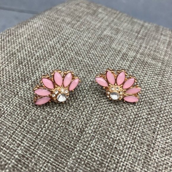 Pierced Earrings Half Flower Pink Rose Gold Copper Rhinestone Barbie Soft Girl - Picture 1 of 6